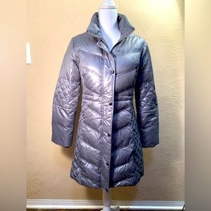 Guess Women’s Gunmetal Grey Glossy Down Puffer Coat Jacket Mid Length size XS